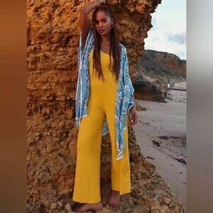 Free People Beach Waverly Jumpsuit Sweater Ribbed Womens Small Yellow